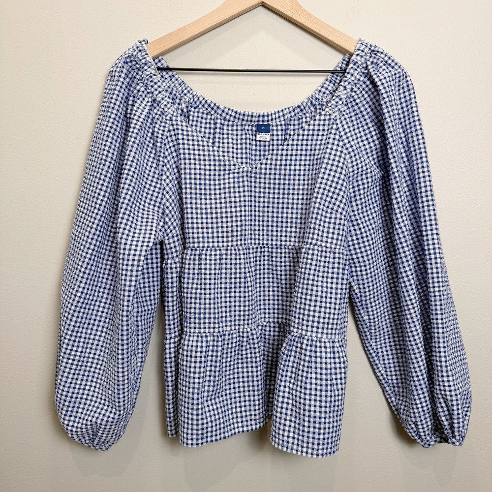 Old Navy M Tiered Blue Gingham Seersucker Long‎ Sleeve Top Puff Sleeve Wide Neck